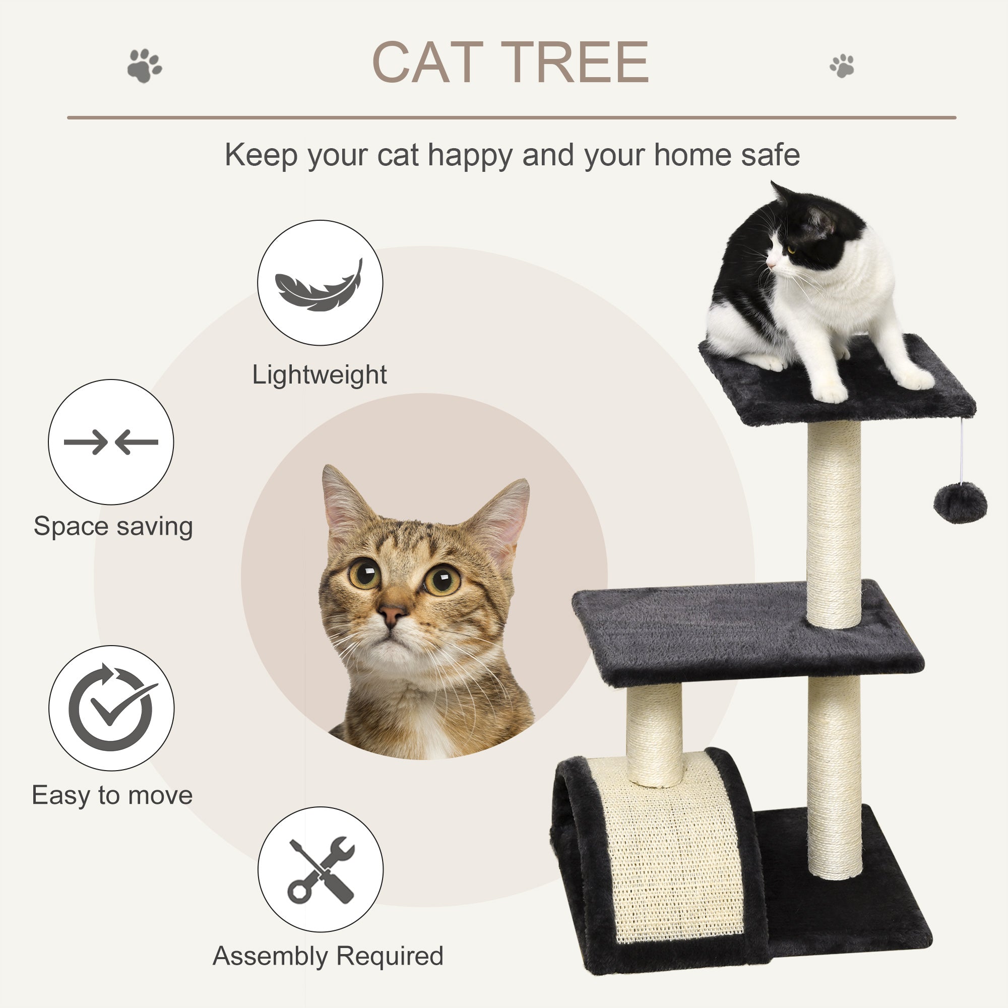 Arbre à Chat 72cm avec Griffoir et Tapis pour Chats d'Intérieur - Noir
