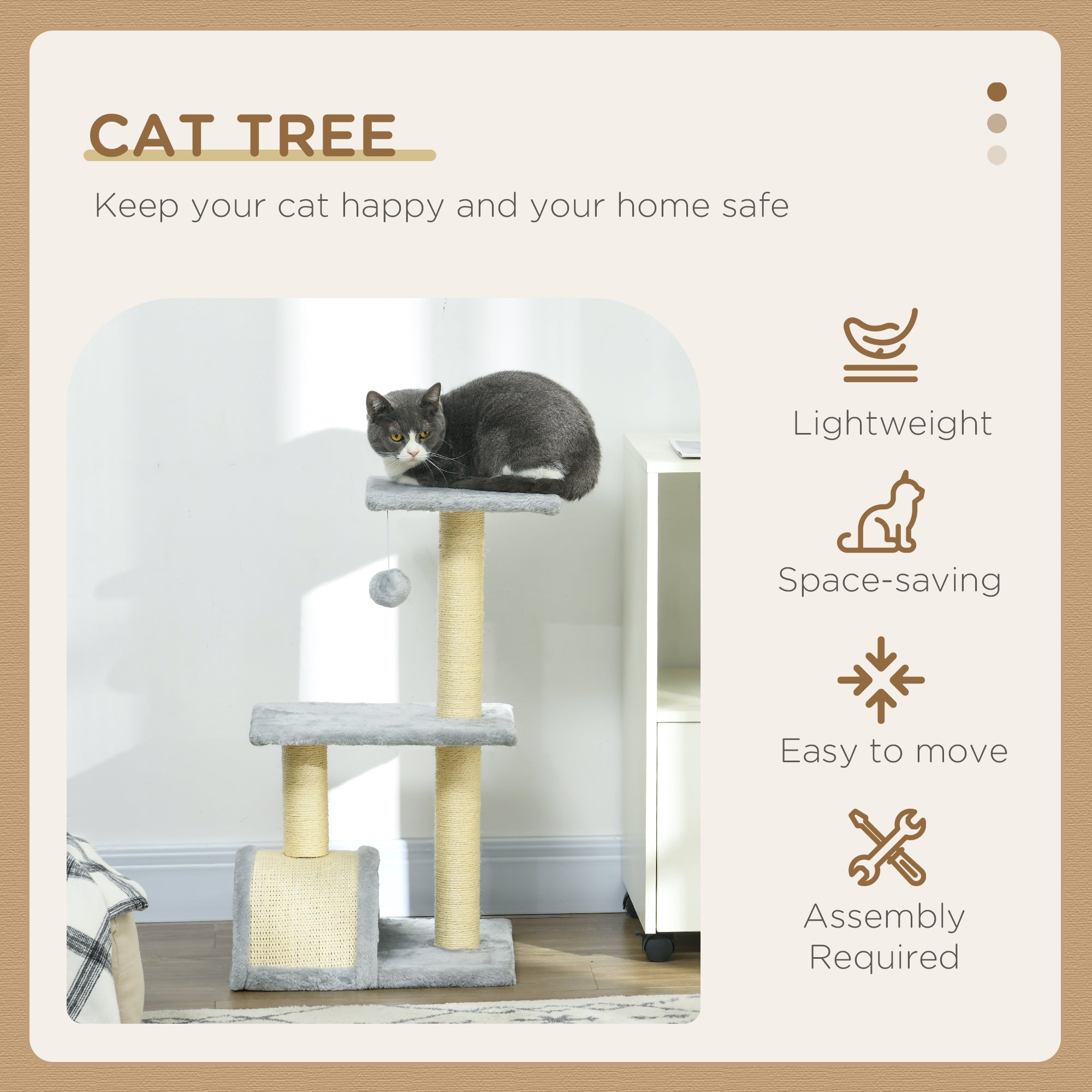 Arbre à Chat 72cm avec Griffoir et Perchoirs - Gris Clair